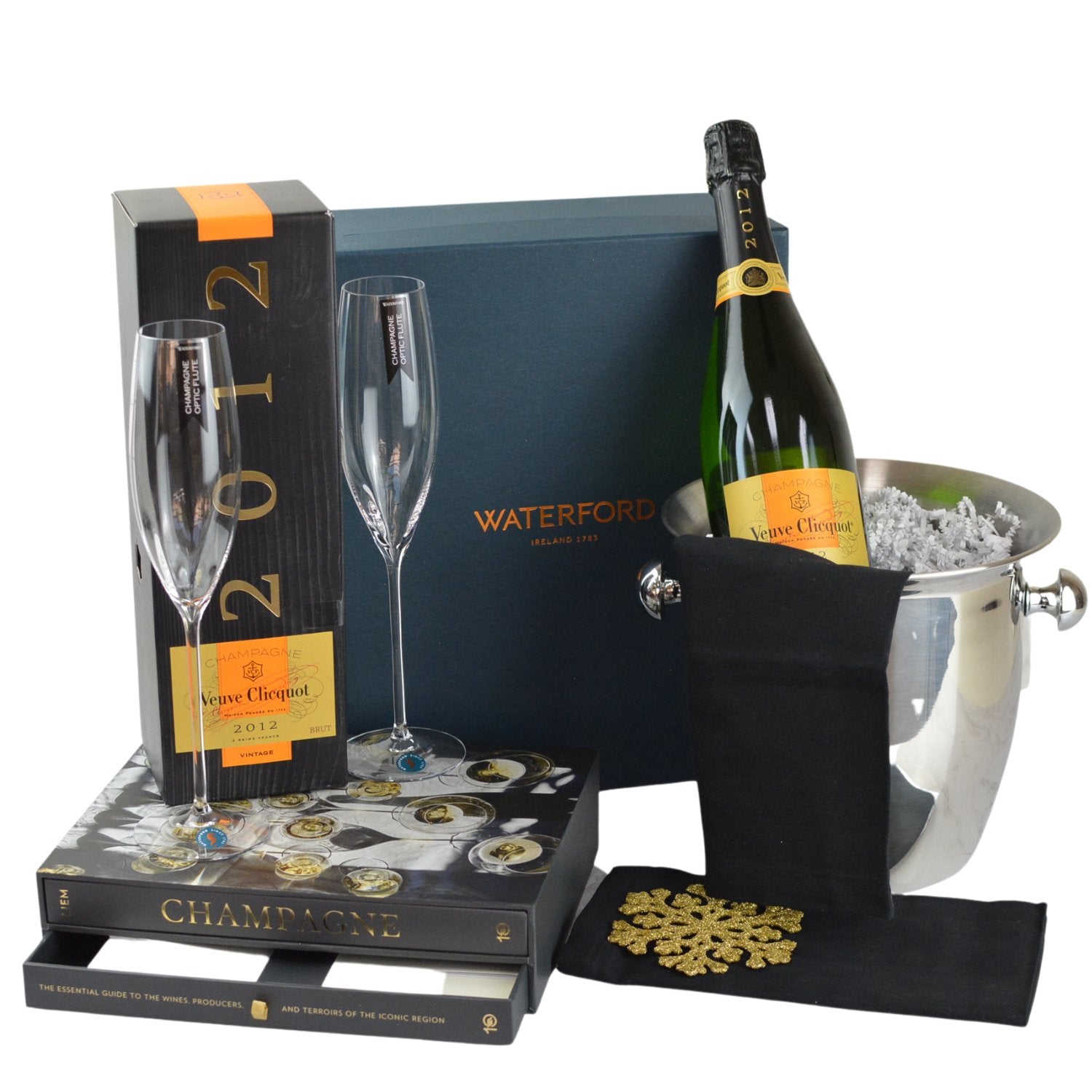 Veuve Champagne Party champagne gift book, waterford crystal and luxury champagne gift basket